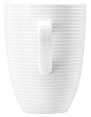 Weißer Becher mit Henkel, seitliche Perspektive, mit horizontalen Rillen.