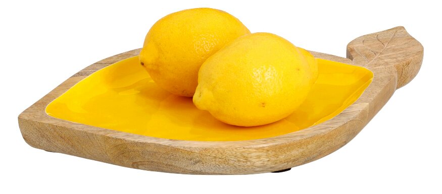 Zeller Present Servierschale LEMON Servierschale aus Mangoholz in Blattform mit gelber Innenfläche, darauf zwei Zitronen, seitliche Perspektive.