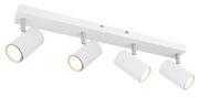Moderner weißer Deckenstrahler mit vier verstellbaren Leuchten, seitliche Perspektive