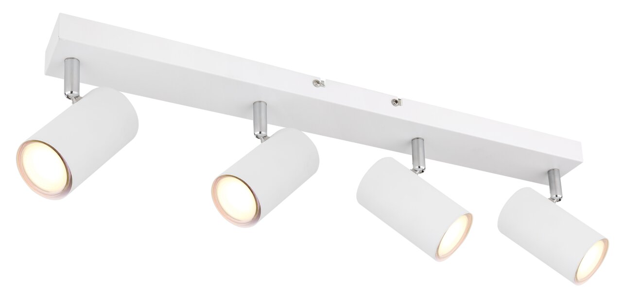 Moderner weißer Deckenstrahler mit vier verstellbaren Leuchten, seitliche Perspektive