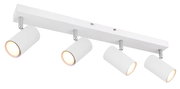 Moderner weißer Deckenstrahler mit vier verstellbaren Leuchten, seitliche Perspektive