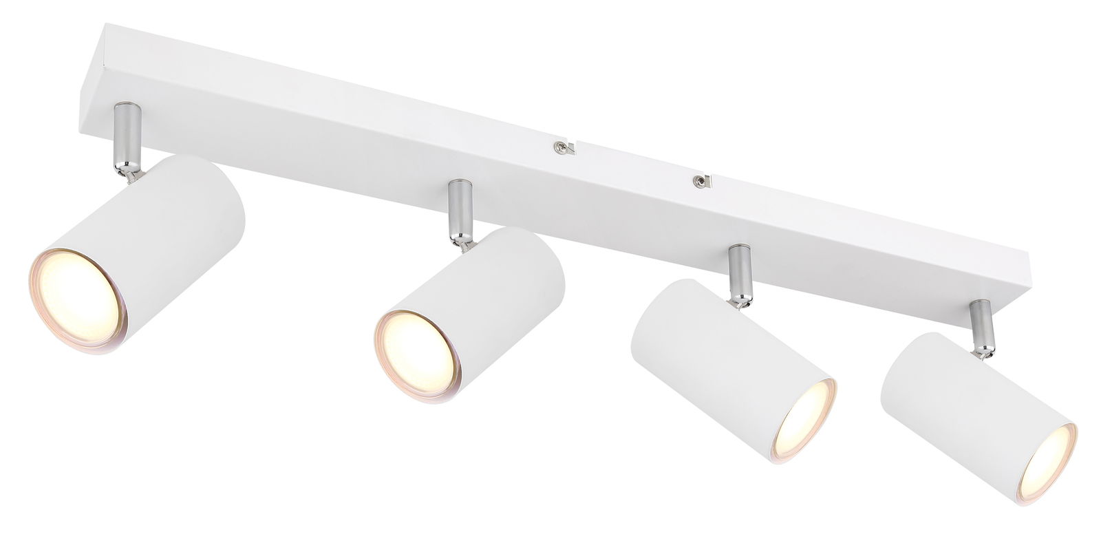 Moderner weißer Deckenstrahler mit vier verstellbaren Leuchten, seitliche Perspektive