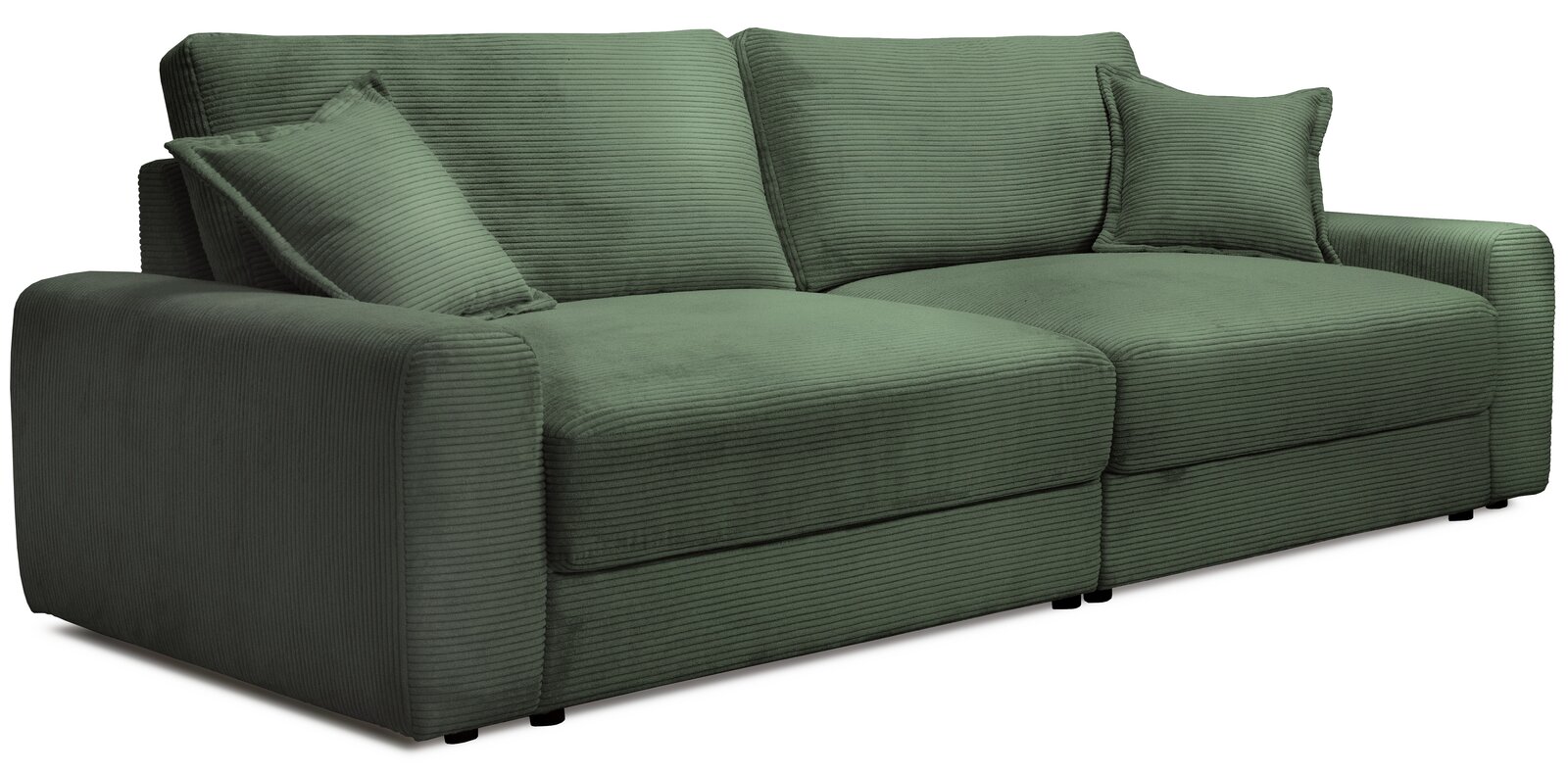 Großes, grünes Sofa mit geripptem Stoffbezug, zwei großen Sitzkissen und zwei Rückenkissen, seitliche Perspektive.
