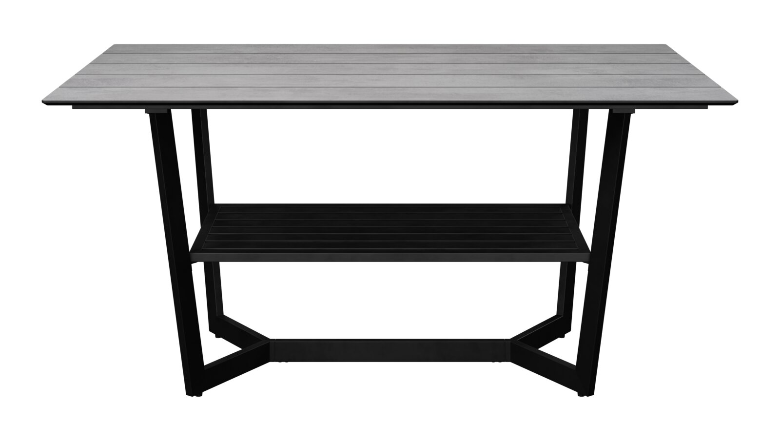 Moderne tuintafel met grijs tafelblad en zwart onderstel, vooraanzicht