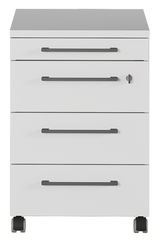 Weißer Rollcontainer mit vier Schubladen und Rollen, Frontalansicht