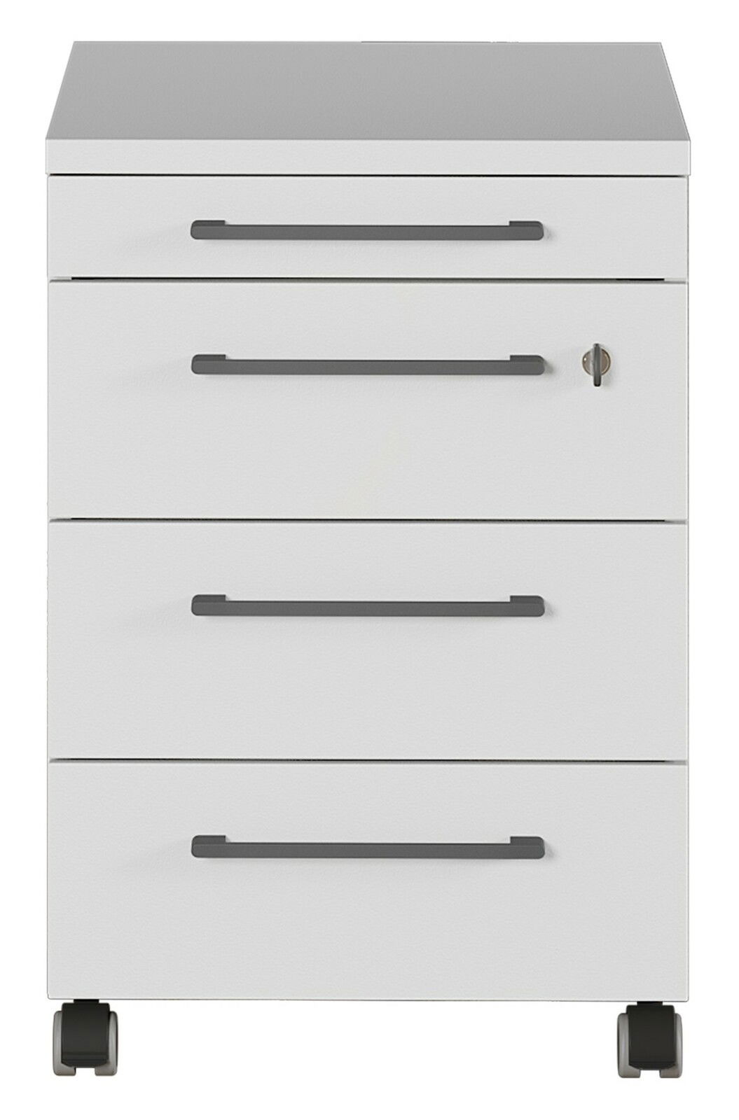Weißer Rollcontainer mit vier Schubladen und Rollen, Frontalansicht