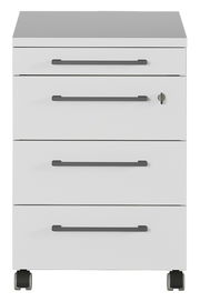 Weißer Rollcontainer mit vier Schubladen und Rollen, Frontalansicht