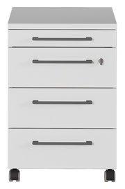 Weißer Rollcontainer mit vier Schubladen und Rollen, Frontalansicht