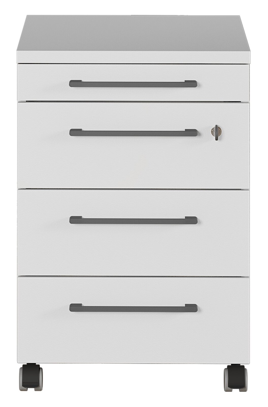 Weißer Rollcontainer mit vier Schubladen und Rollen, Frontalansicht