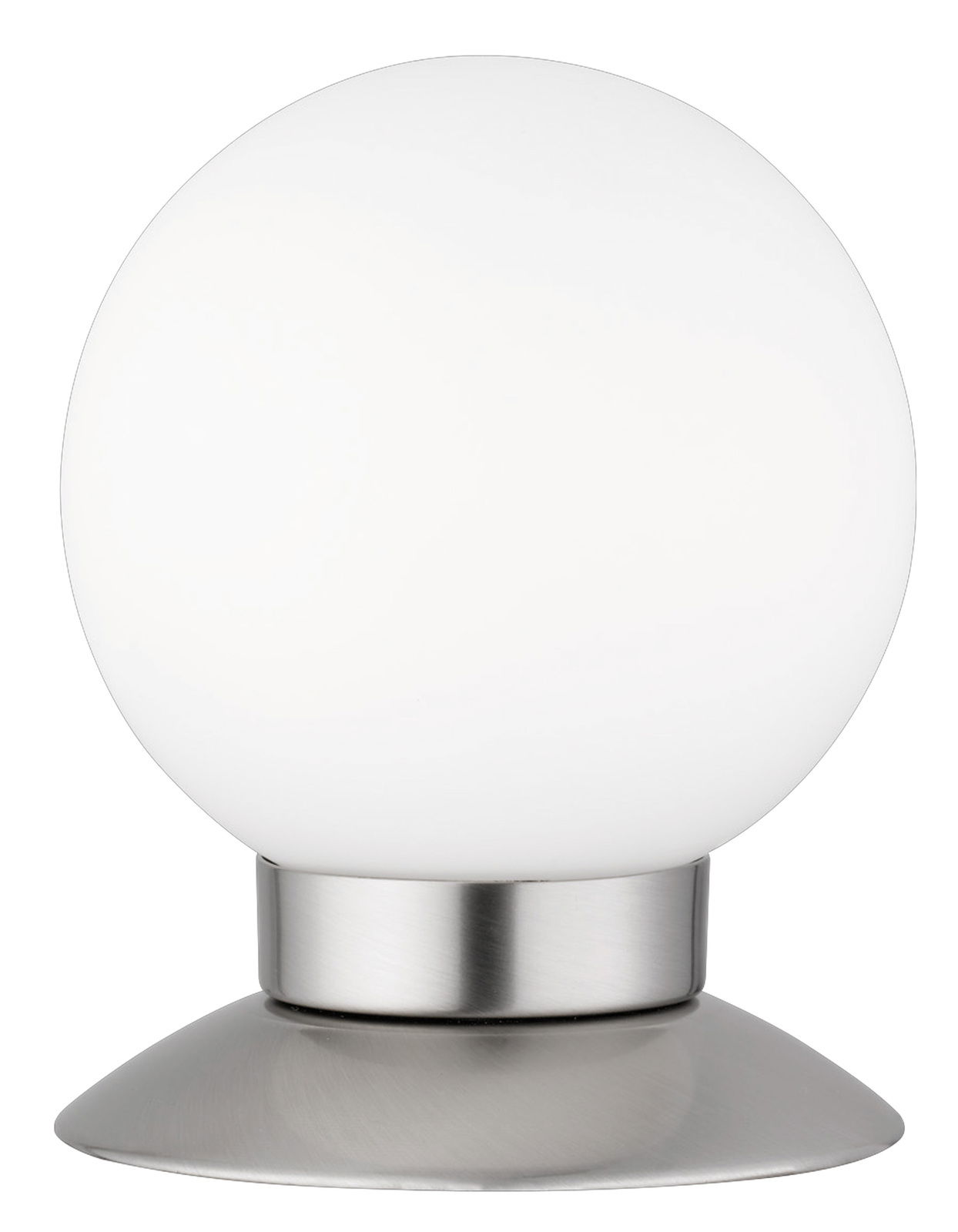 Moderne Tischleuchte PRINCESS mit kugelförmigem, weißem Lampenschirm und silbernem Sockel, frontal abgebildet.