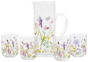 Gläserset mit Kanne und vier Gläsern, verziert mit bunten Blumenmotiven, seitliche Perspektive
