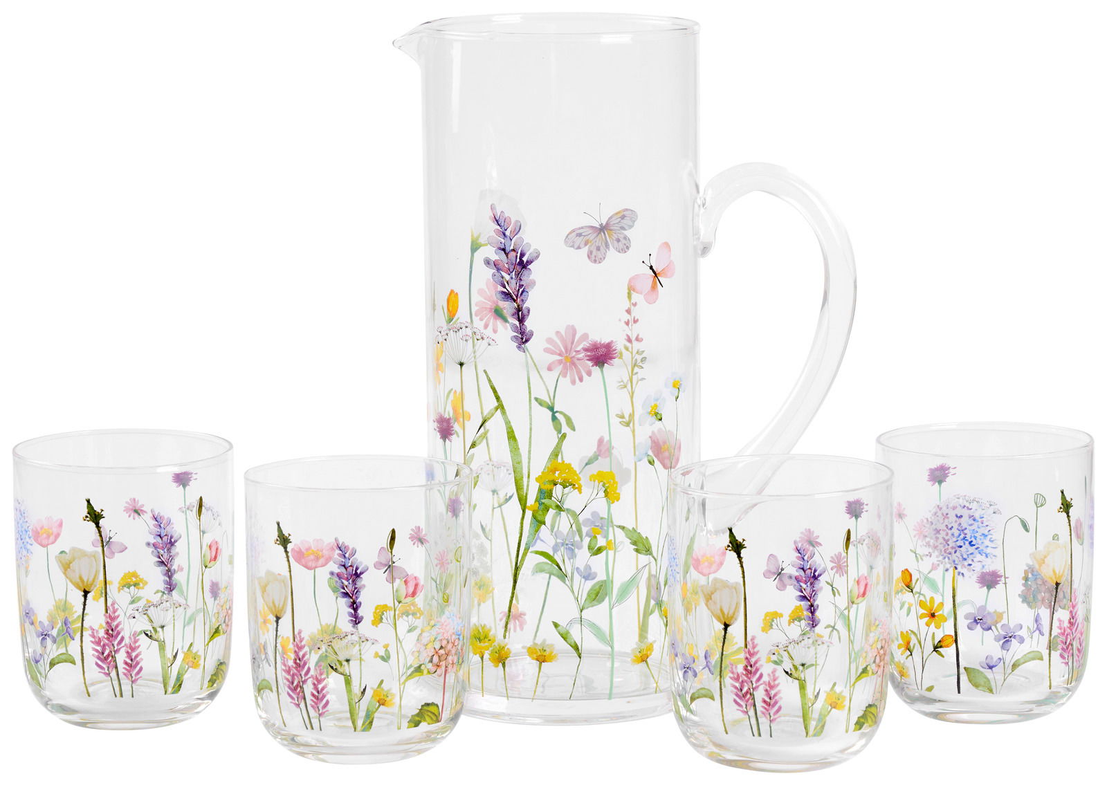 Gläserset mit Kanne und vier Gläsern, verziert mit bunten Blumenmotiven, seitliche Perspektive