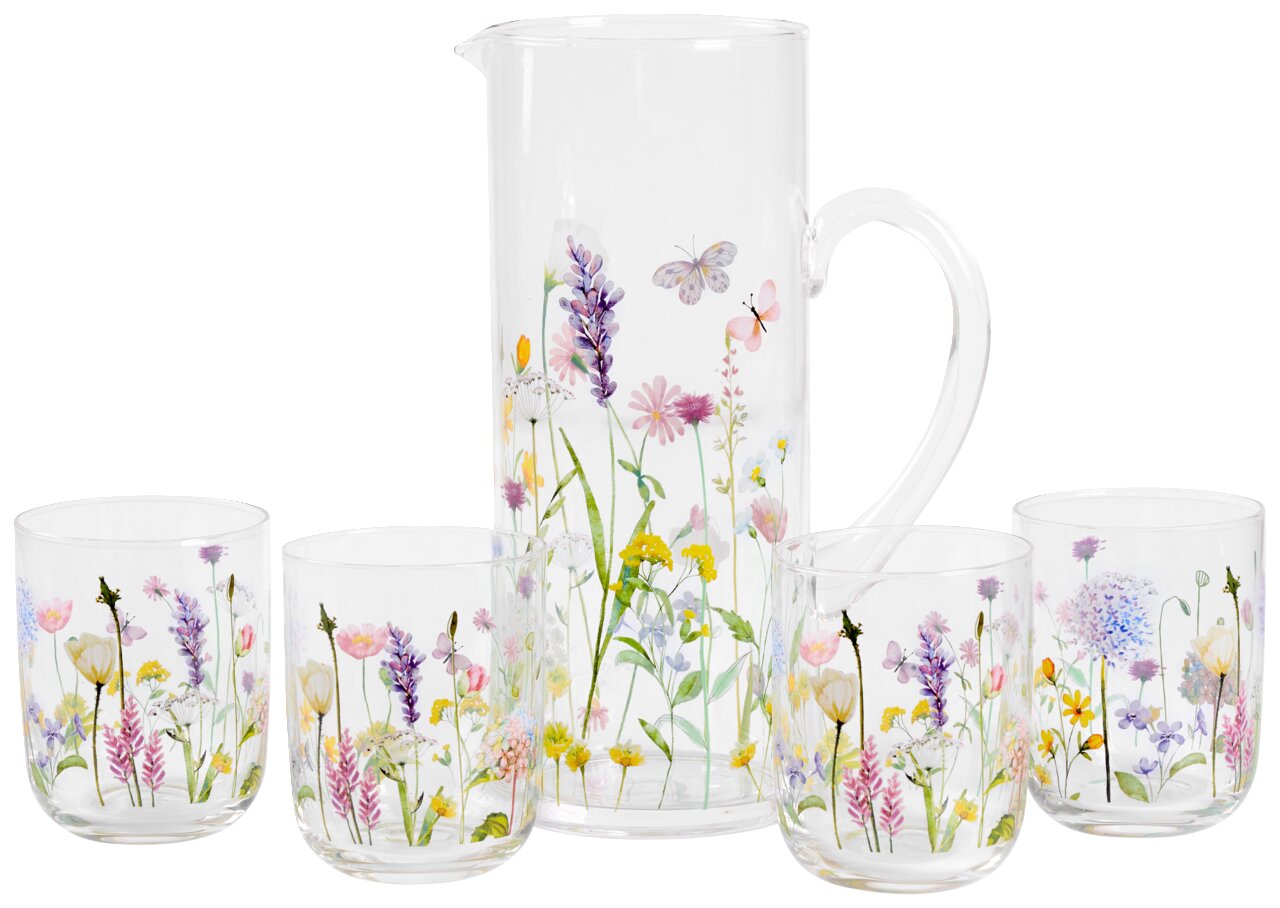 Gläserset mit Kanne und vier Gläsern, verziert mit bunten Blumenmotiven, seitliche Perspektive