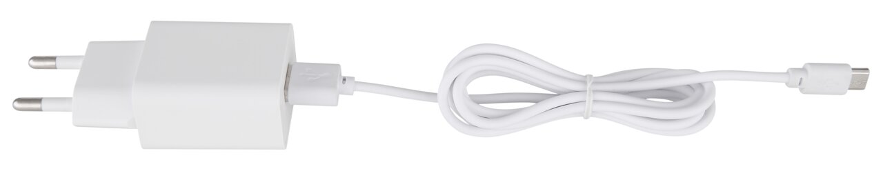 Weißes USB-Ladegerät mit Kabel, seitliche Ansicht