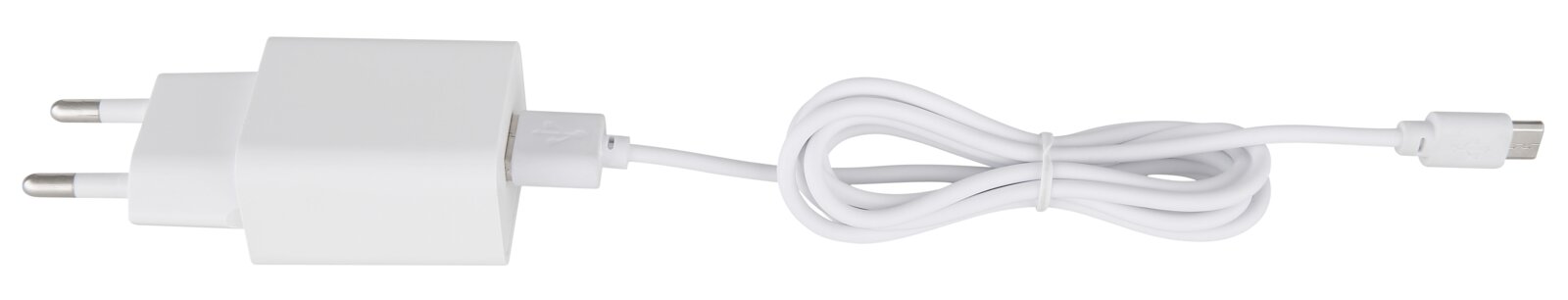 Weißes USB-Ladegerät mit Kabel, seitliche Ansicht