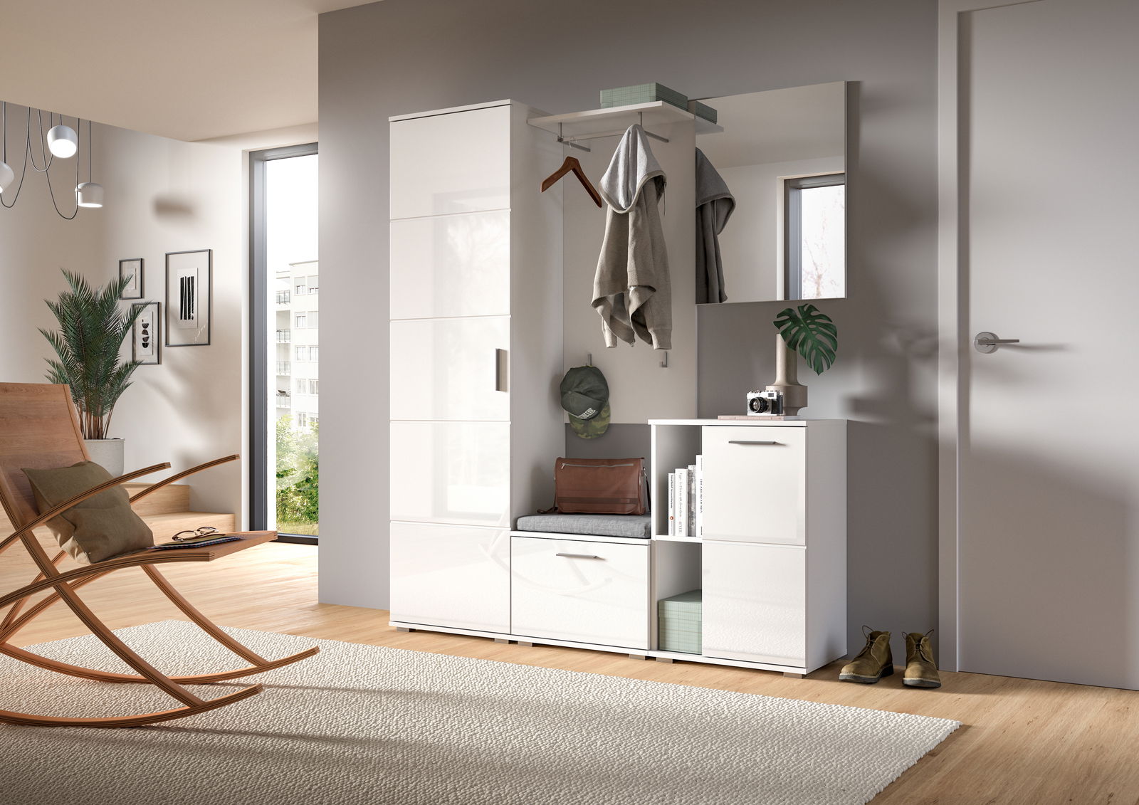 MID.YOU Spiegel PREGO Moderner Flur mit weißem Garderobenschrank und Spiegel, seitliche Perspektive