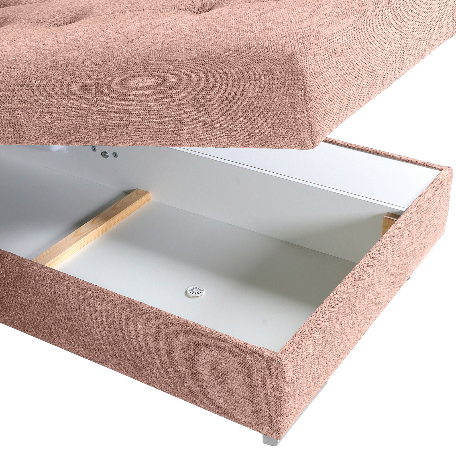 Nahaufnahme einer Rundecke mit Stauraum, geöffnet, in einem hellbraunen Stoffbezug.