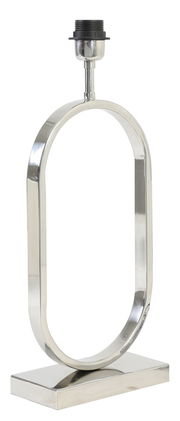 Moderner, ovaler Lampenfuß aus glänzendem Metall, frontal abgebildet.