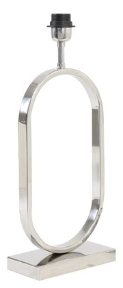 Moderner, ovaler Lampenfuß aus glänzendem Metall, frontal abgebildet.