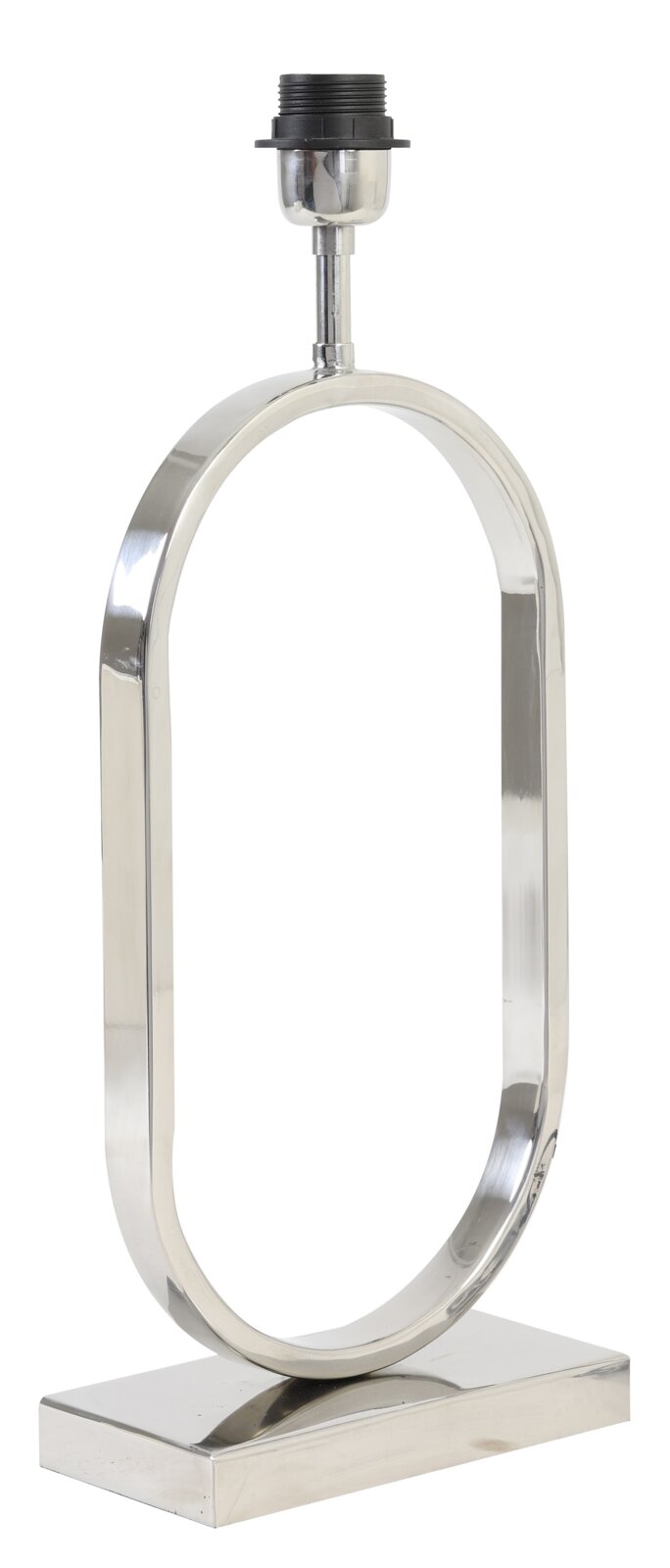 Moderner, ovaler Lampenfuß aus glänzendem Metall, frontal abgebildet.