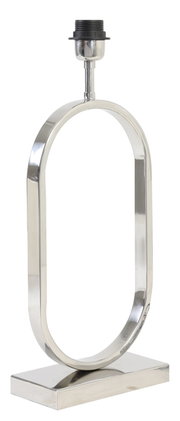 Moderner, ovaler Lampenfuß aus glänzendem Metall, frontal abgebildet.