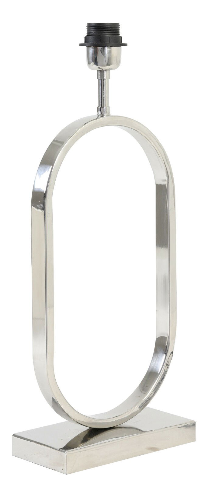 Moderner, ovaler Lampenfuß aus glänzendem Metall, frontal abgebildet.