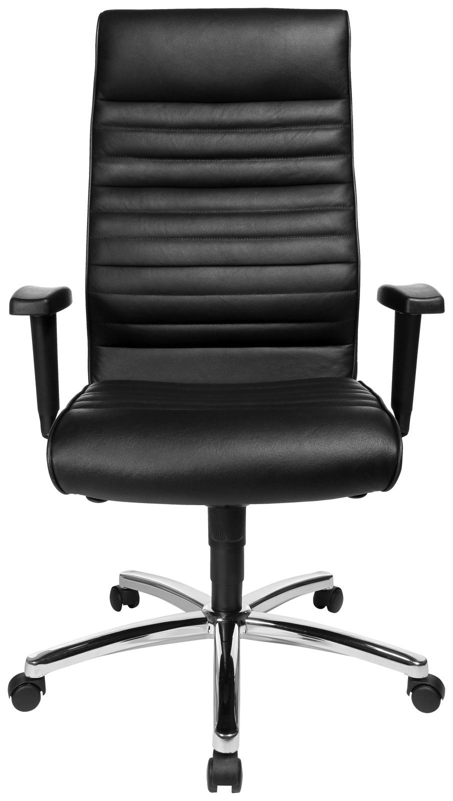 Schwarzer Chefsessel aus Leder mit Armlehnen und verchromtem Fußkreuz, Frontalansicht