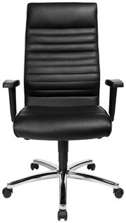 Schwarzer Chefsessel aus Leder mit Armlehnen und verchromtem Fußkreuz, Frontalansicht