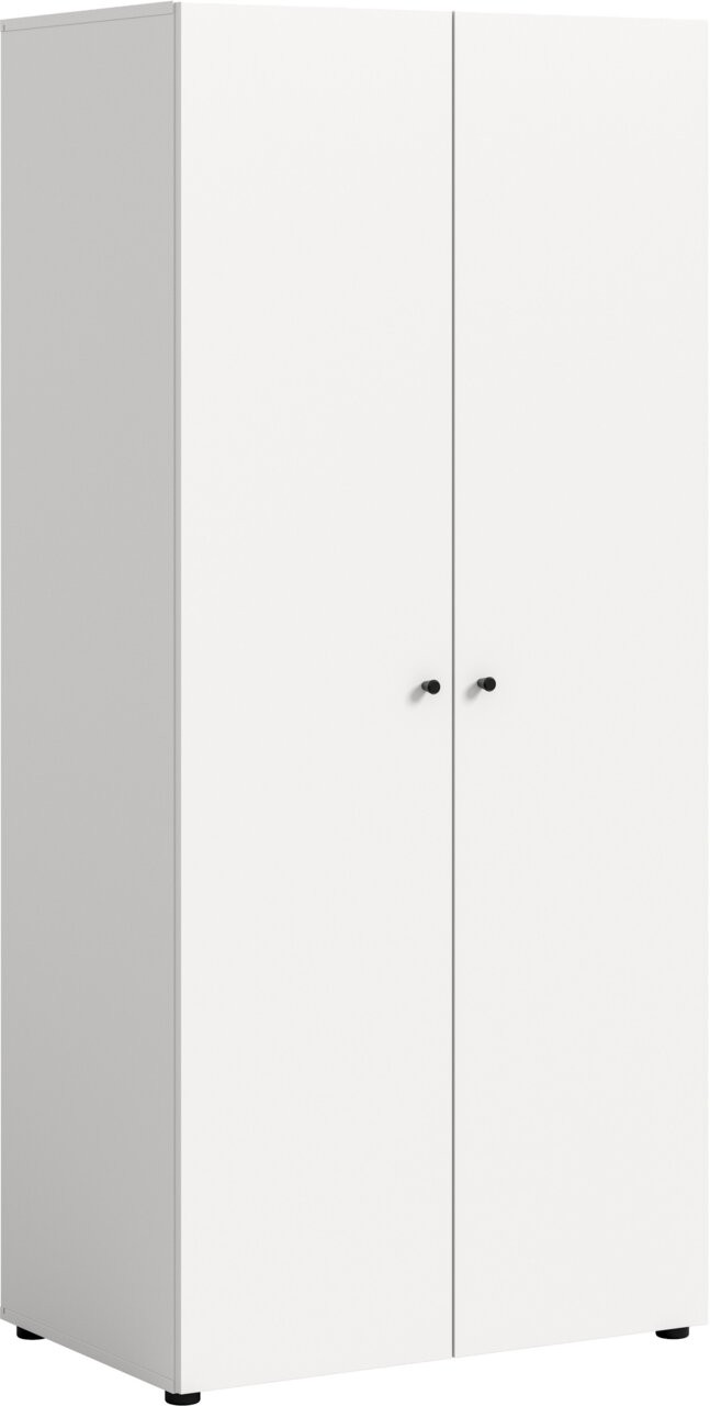 Weißer zweitüriger Schrank mit zwei schwarzen Knopfgriffen, freistehend, in leichter Frontansicht mit sichtbarer linker Seitenwand