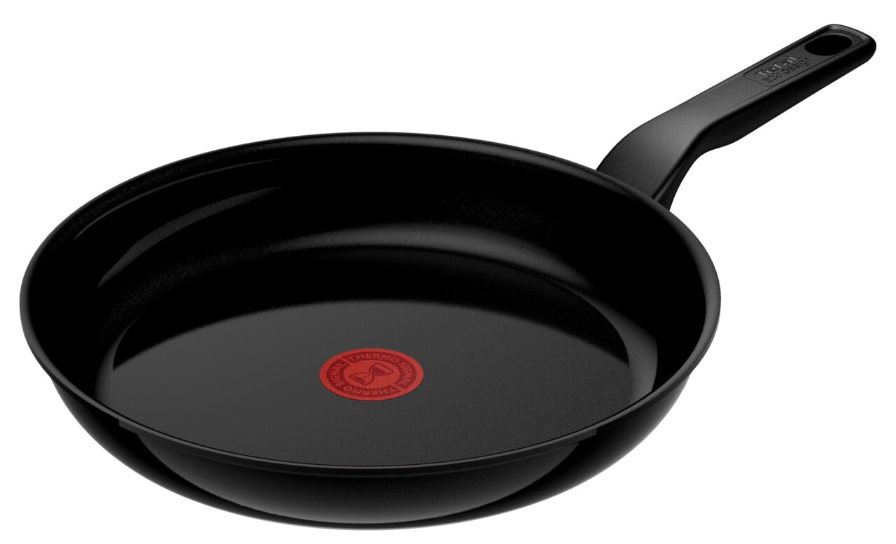 Tefal Bratpfanne Schwarze Keramik-Pfanne mit rotem Thermo-Signal in der Mitte, seitliche Perspektive