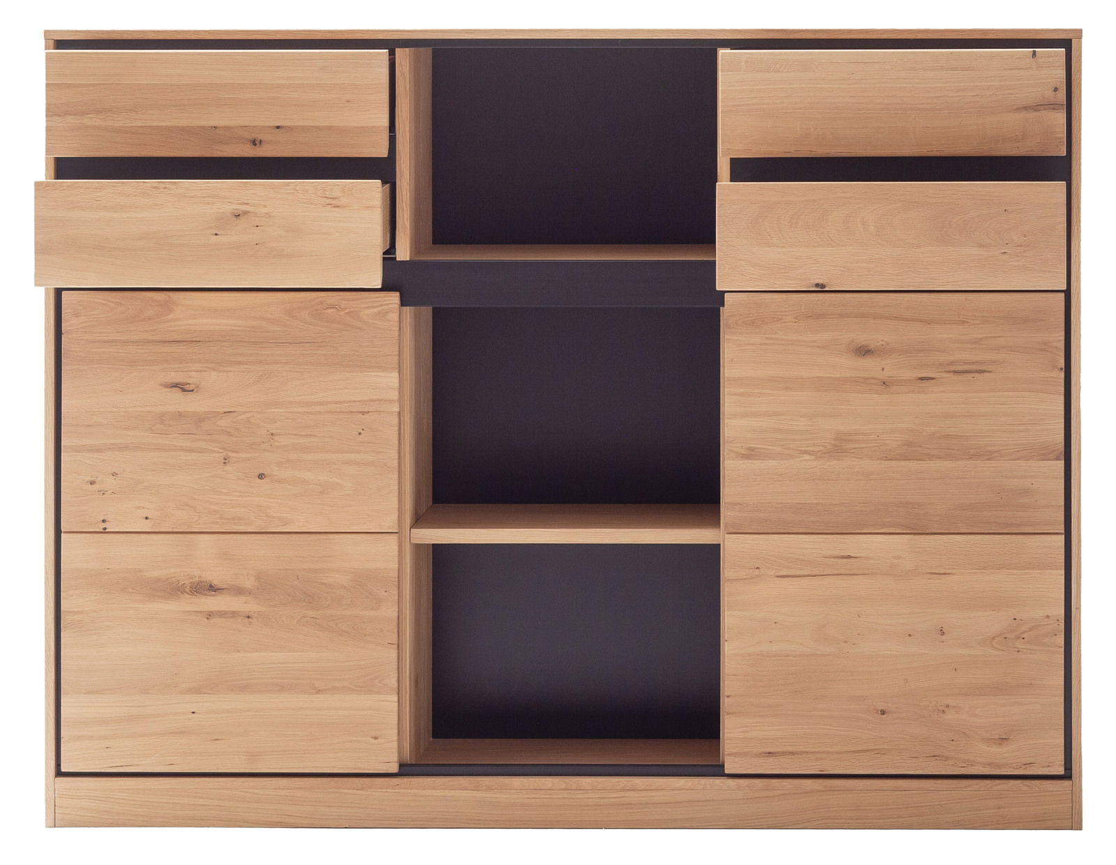 Frontale Ansicht eines modernen Bücherregals aus Holz mit offenen Fächern und Schubladen.