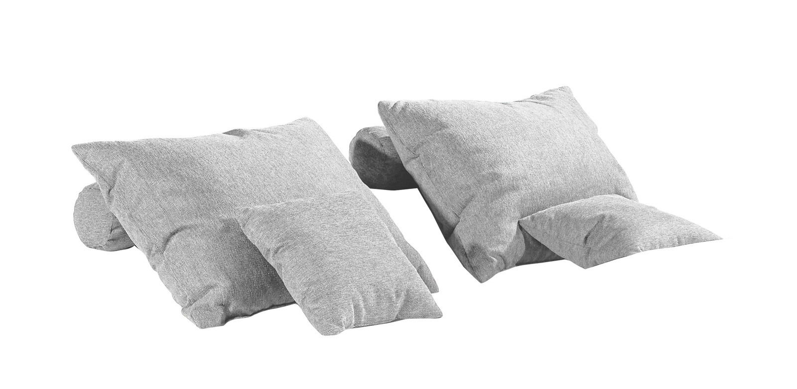 Graues Kissen-Set, bestehend aus sechs Teilen, in einer seitlichen Perspektive.