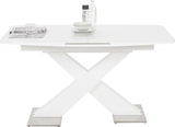 Moderner weißer Funktions-Esstisch mit X-förmigem Gestell, seitliche Perspektive