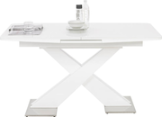 Moderner weißer Funktions-Esstisch mit X-förmigem Gestell, seitliche Perspektive