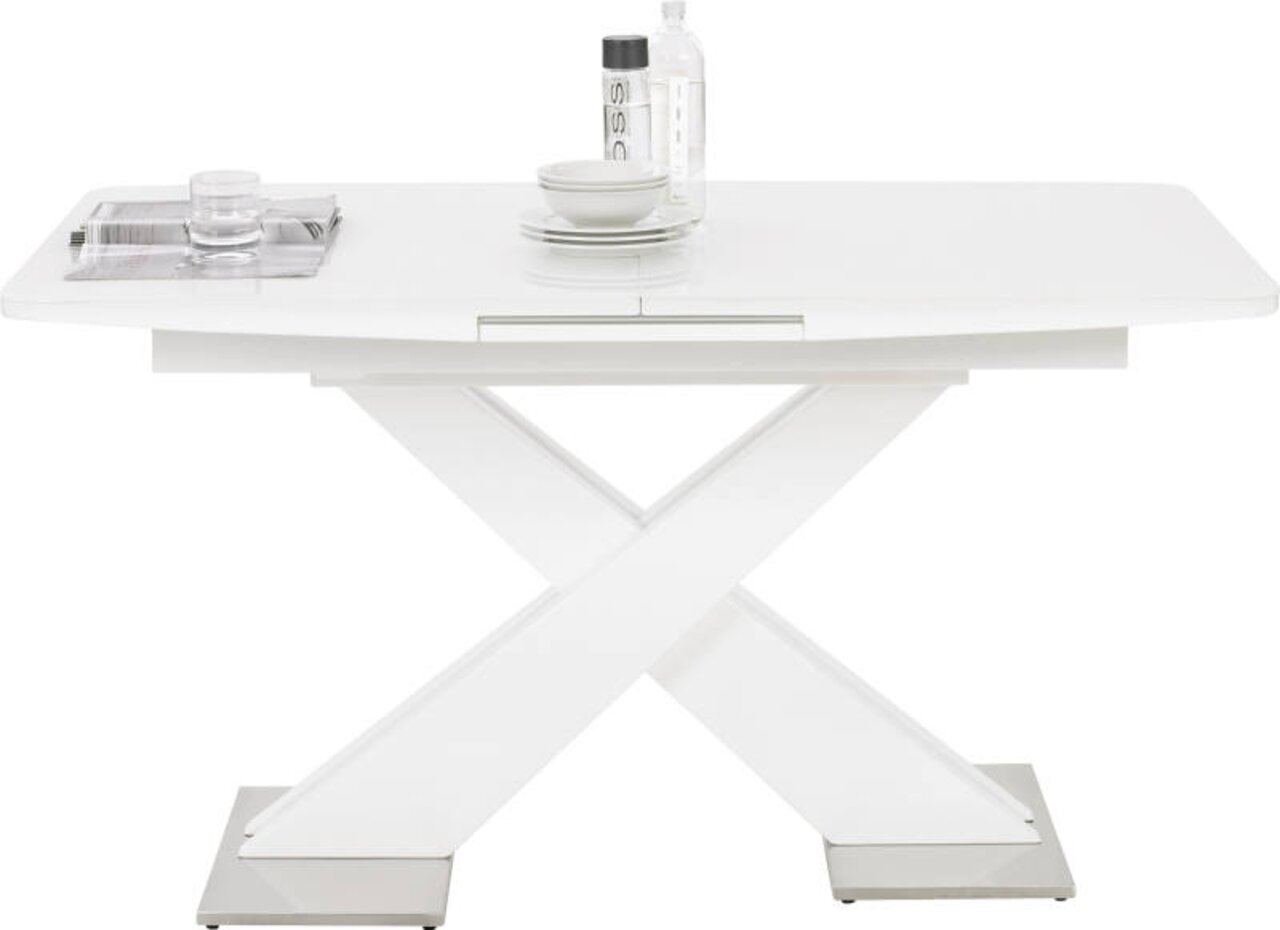 Moderner weißer Funktions-Esstisch mit X-förmigem Gestell, seitliche Perspektive