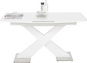 Moderner weißer Funktions-Esstisch mit X-förmigem Gestell, seitliche Perspektive