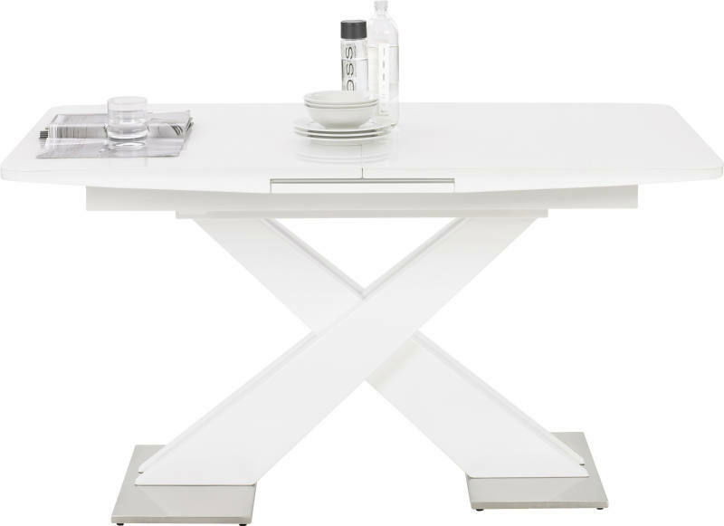 Moderner weißer Funktions-Esstisch mit X-förmigem Gestell, seitliche Perspektive