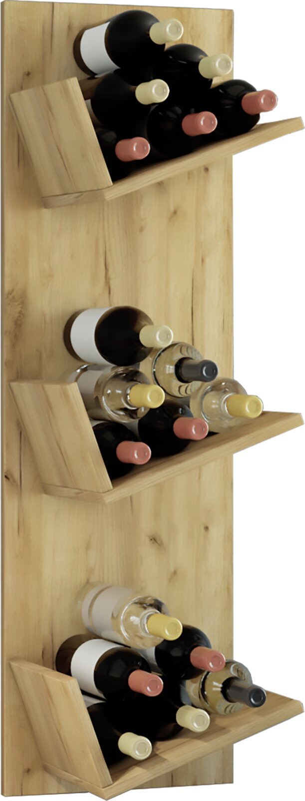 Wandmontiertes Weinregal aus hellem Holz mit drei schrägen Ablagen und mehreren Weinflaschen, in leicht schräger Frontansicht.