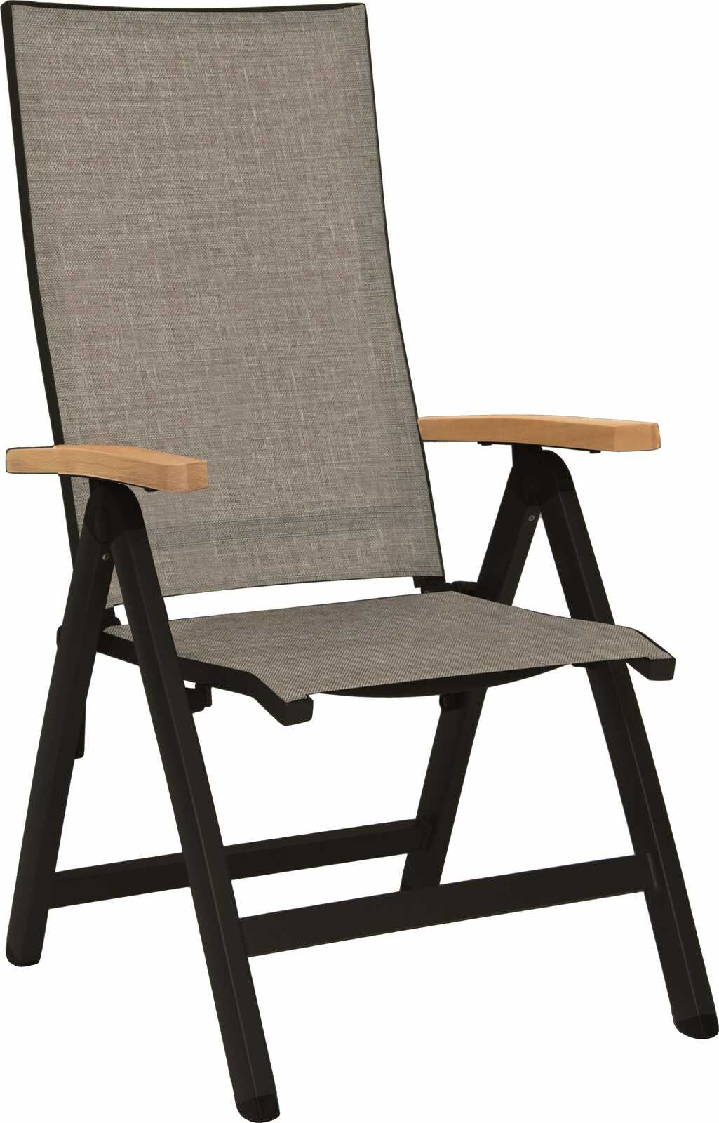 Moderner Klappsessel mit schwarzem Metallrahmen und hellbraunen Armlehnen, seitliche Perspektive