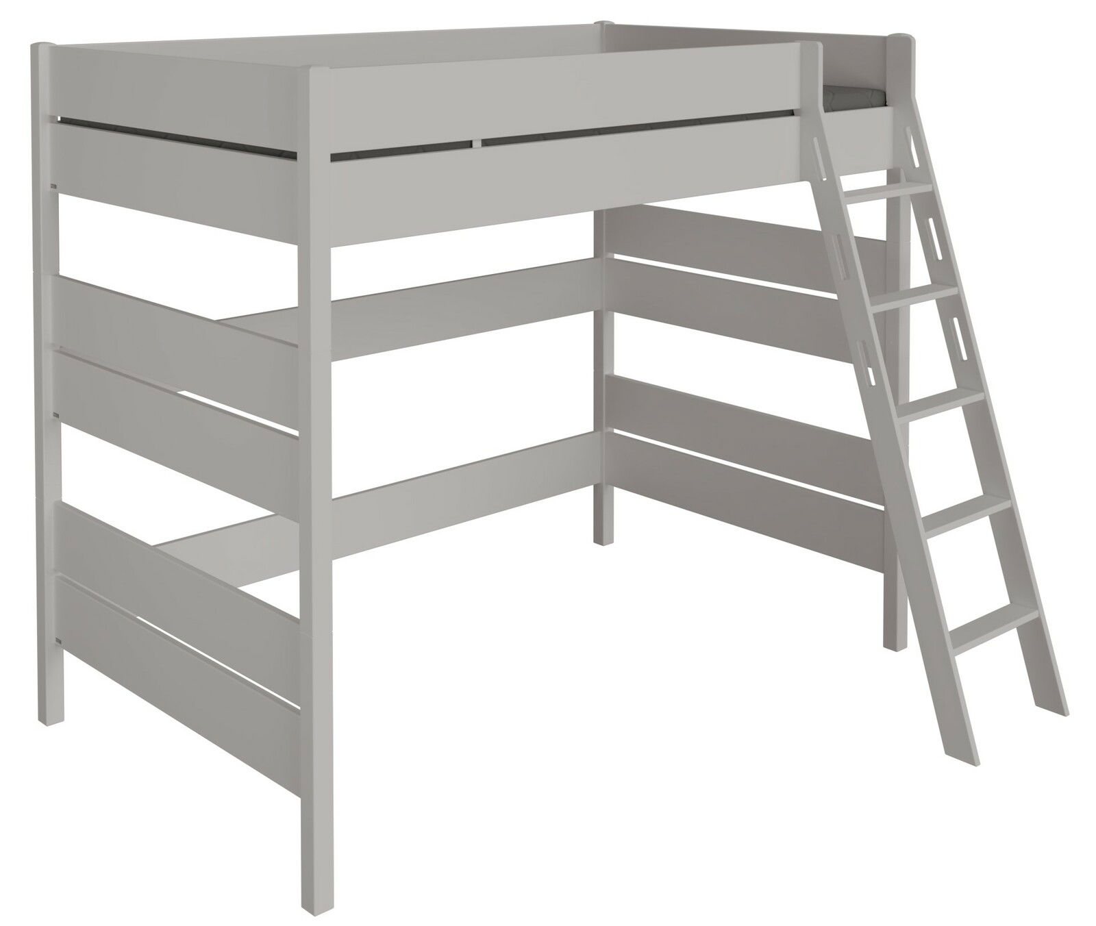 Hochbett aus Holz mit seitlicher Leiter, perspektivisch von vorne rechts gesehen.