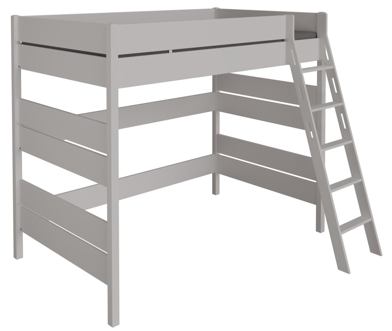 Houten hoogslaper met ladder aan de zijkant, in perspectief gezien vanaf de rechterkant van voren.