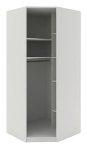 Eckschrank Korpus 210 in weißer Farbe, offene Frontansicht mit Regalböden und Kleiderstange