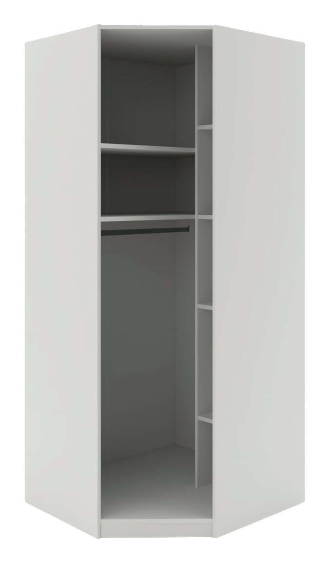 Hom´in Eckschrank Korpus UNIT Eckschrank Korpus 210 in weißer Farbe, offene Frontansicht mit Regalböden und Kleiderstange