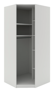 Eckschrank Korpus 210 in weißer Farbe, offene Frontansicht mit Regalböden und Kleiderstange