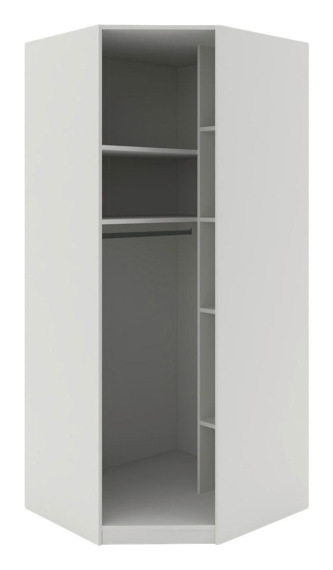 Eckschrank Korpus 210 in weißer Farbe, offene Frontansicht mit Regalböden und Kleiderstange