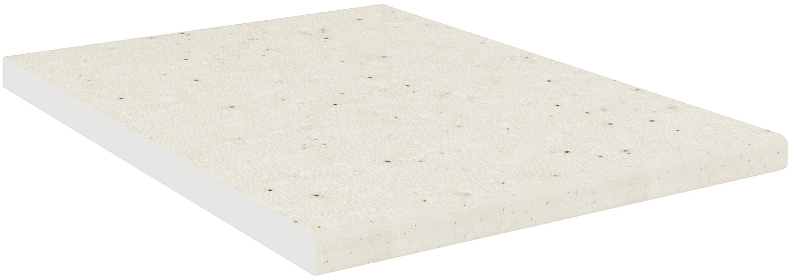 Beige, gesprenkelte rechteckige Platte mit leicht abgerundeter Kante, freigestellt auf weißem Hintergrund, in schräger Perspektive von oben (3/4-Ansicht) dargestellt.