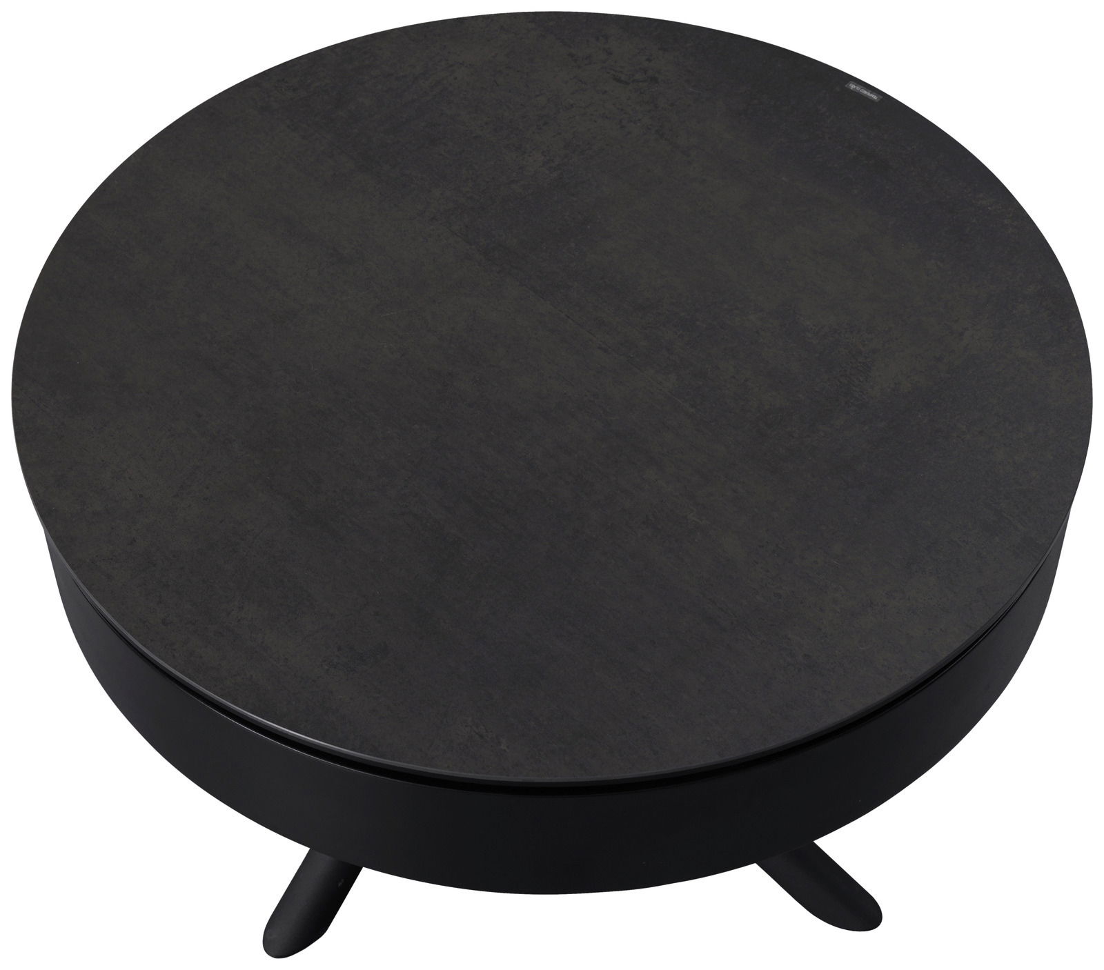 Runder Couchtisch in dunkler Farbe, Ansicht von oben