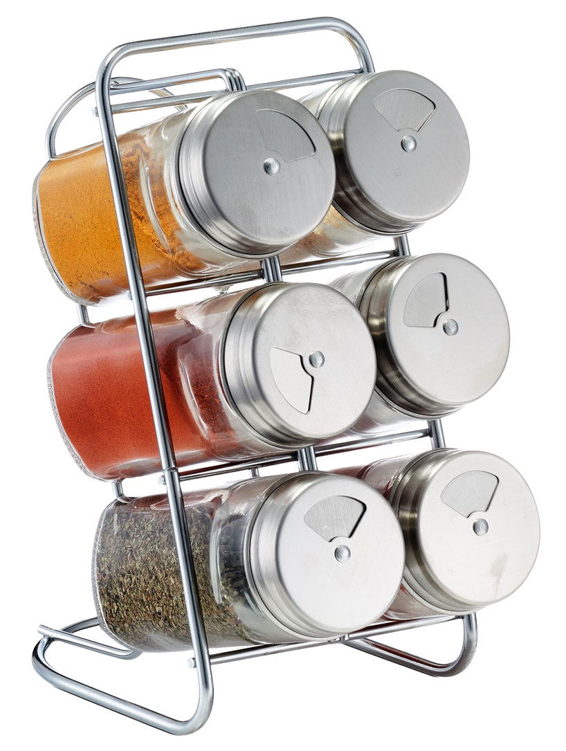 Gewürzständer-Set 7-tlg aus Metall mit sechs Gläsern, seitliche Perspektive