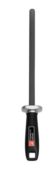 Keramischer Wetzstahl mit schwarzem Griff, frontal abgebildet