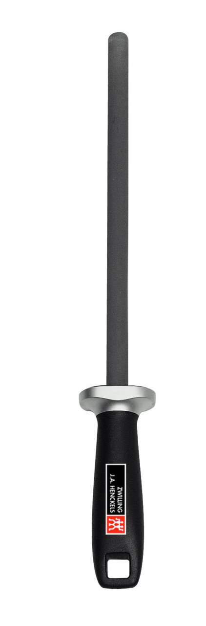 Keramischer Wetzstahl mit schwarzem Griff, frontal abgebildet